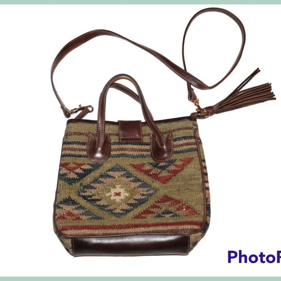 Woven Tapestry wool & leather shoulder bag Aztec print Southwest Crossbody purse - Picture 8 of 11